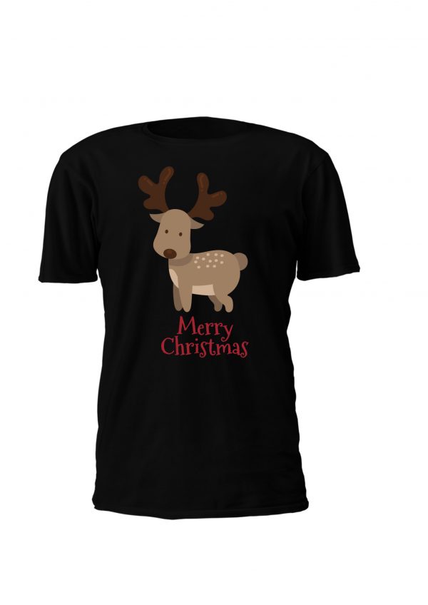 T-shirt de Natal Merry Christmas. Design para criança com rena em vários tamanhos e cores